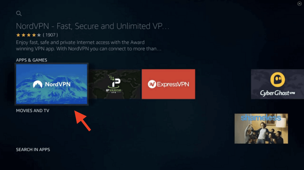 NordVPN on Apps & Games selection on Fire Stick